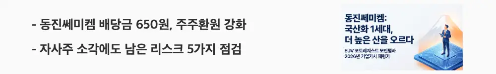 동진쎄미켐 주가 전망: ‘동진쎄미켐 배당금 650원, 주주환원 강화’라는 문구가 포함된 웹배너 이미지. 이 이미지는 동진쎄미켐의 배당금 확대와 자사주 소각 등 주주환원, 그리고 주요 리스크를 시각적으로 전달하며, 블로그의 동진쎄미켐 배당금과 리스크 점검 분석과 관련된 내용을 설명함
