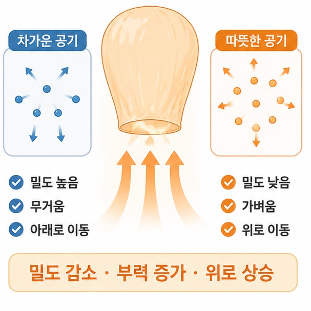 따뜻해진 공기의 밀도가 낮아지면서 주변의 차가운 공기 속에서 부력을 받아 위로 올라가는 원리를 설명한 그림