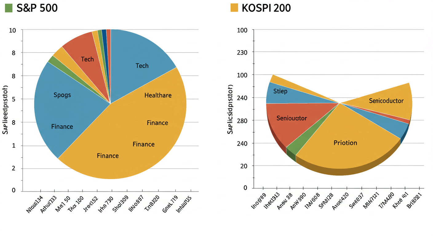 다양한 산업에 분산된 S&amp;P 500과 반도체에 집중된 KOSPI 200의 산업 구성비 비교
