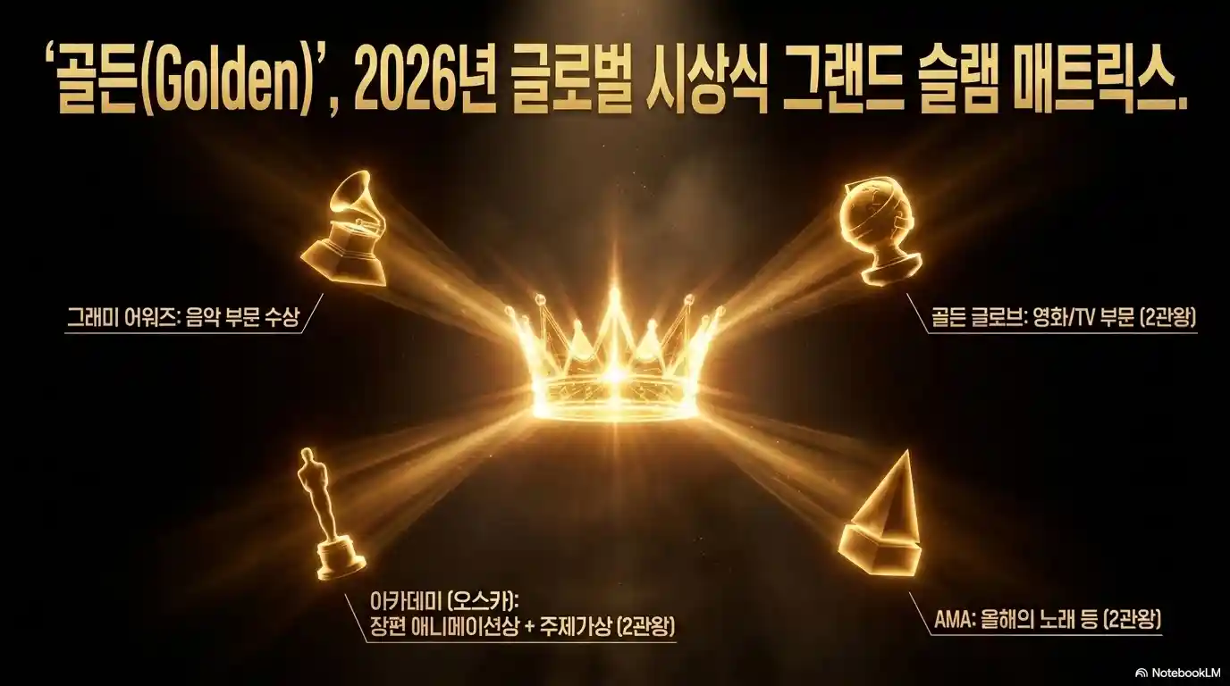 케데헌 골든 2026년 4대 글로벌 시상식 석권 인포그래픽 - 그래미 골든글로브 아카데미 AMA 그랜드 슬램 매트릭스