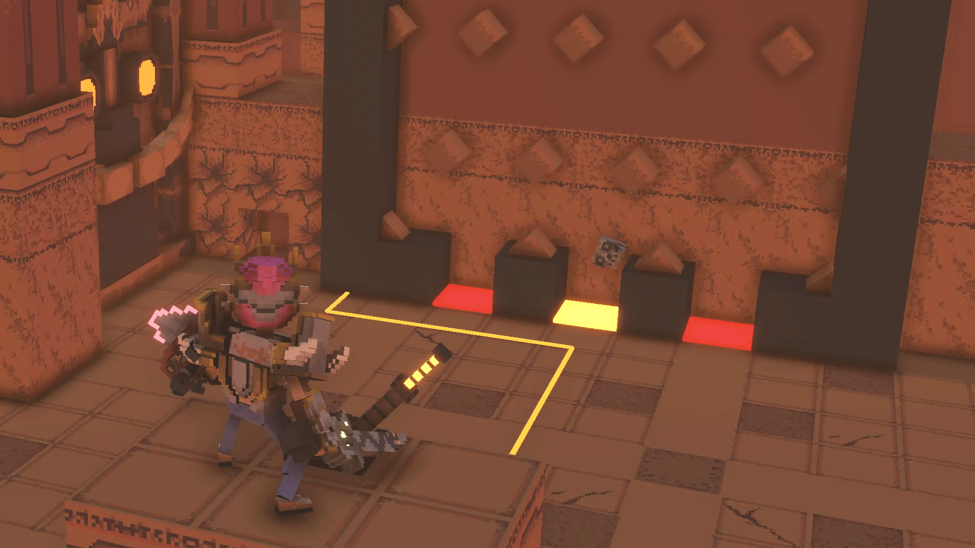 해골을 떨어뜨려 문을 열려 하고있다.