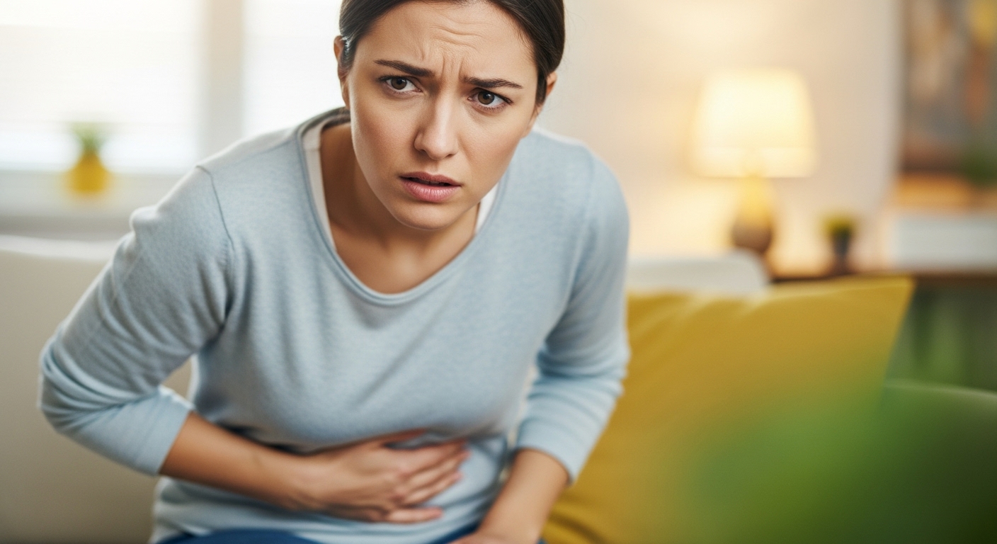 약간의 배앓이와 불편함을 느끼는 사람의 모습. 글루타치온 섭취 시 나타날 수 있는 경미한 소화기 부작용을 상징합니다.