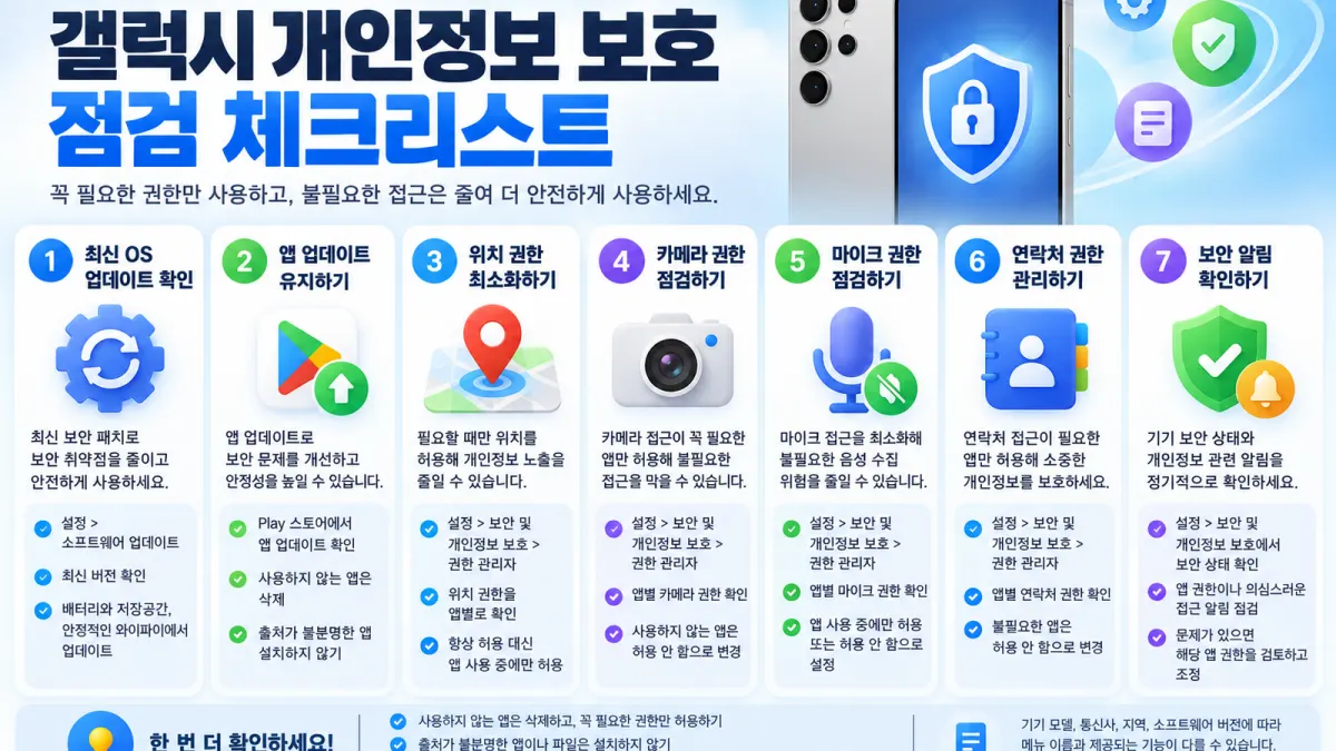 갤럭시 S25 울트라 개인정보 보호를 위한 업데이트와 위치 카메라 마이크 연락처 권한 점검표