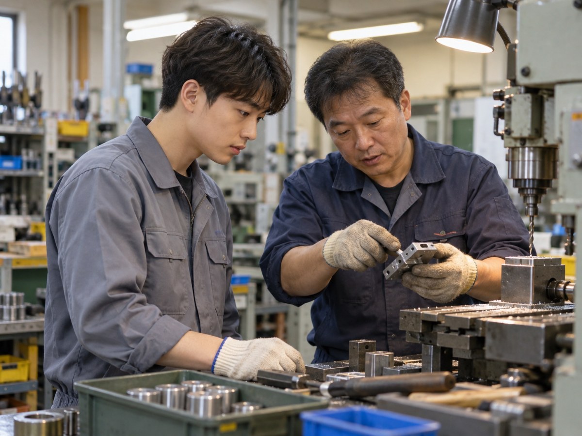 선배 직원에게 일을 배우는 청년 근로자