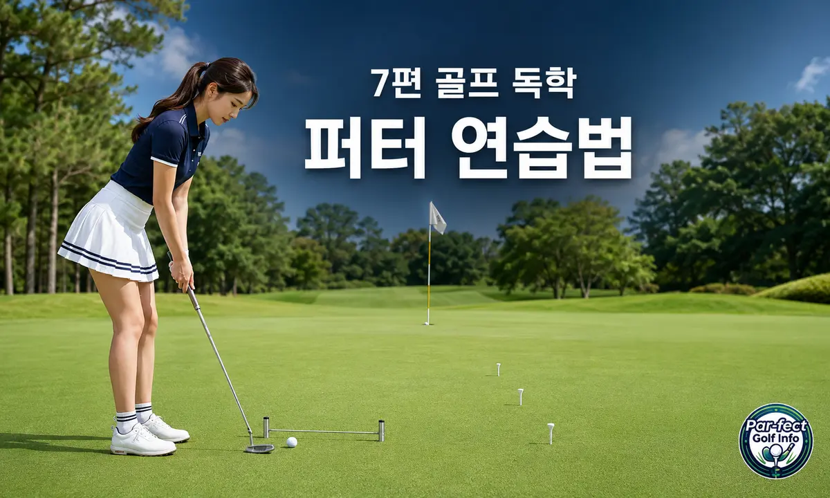 여성 골퍼가 연습 그린에서 퍼팅 게이트와 거리별 티를 활용해 퍼터 거리감과 방향성을 연습하는 모습