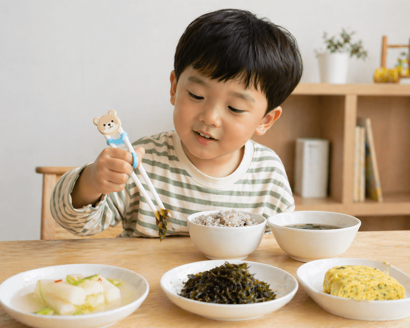 새로운 반찬을 먼저 탐색해 보는 아이