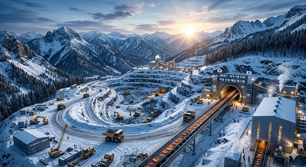 2026년 본격 가동을 시작한 영월 상동광산의 현대적 채굴 현장과 텅스텐 원석 형상화 이미지