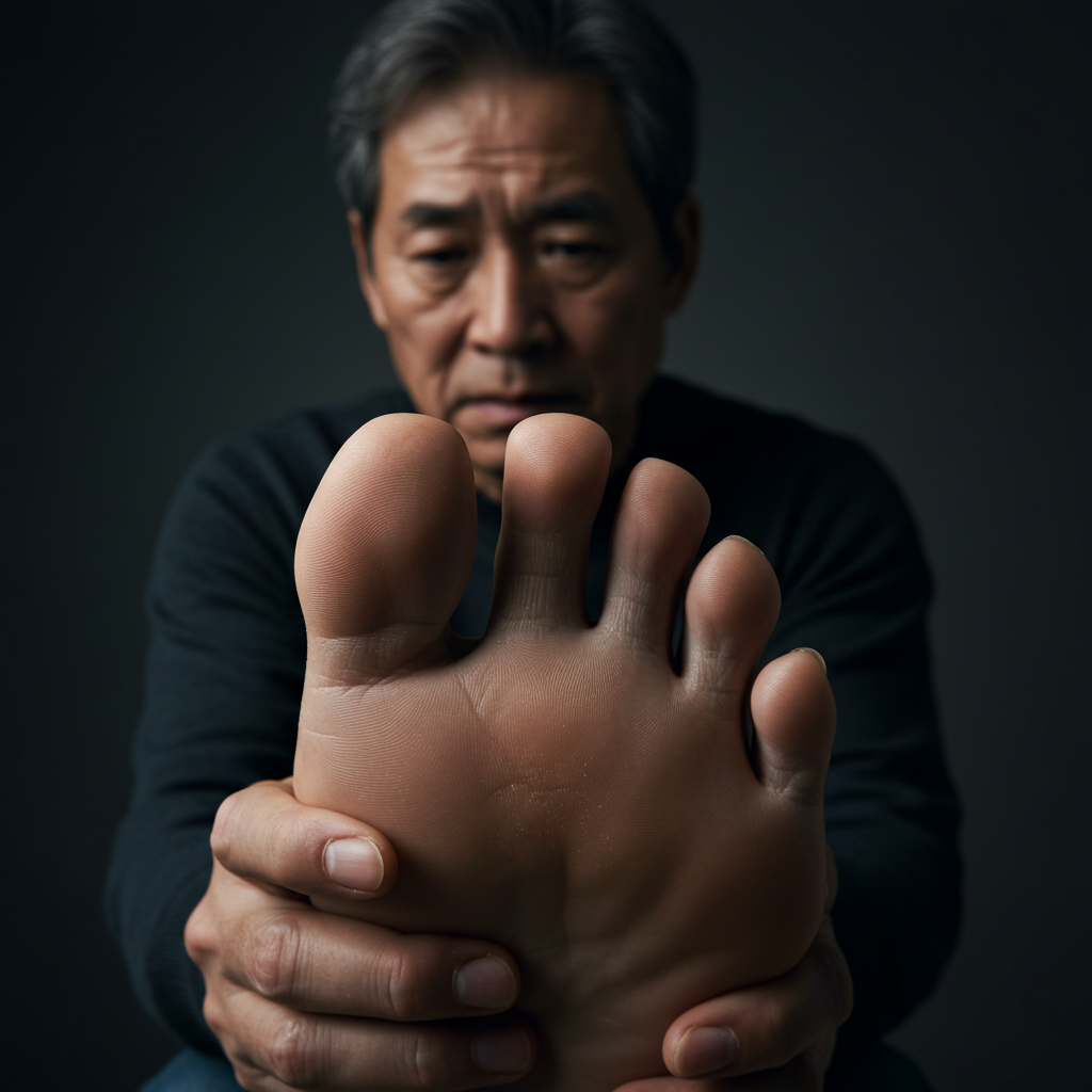 한 50대 한국인 남성이 자신의 변색된 발톱을 보며 심각한 표정으로 걱정하는 클로즈업 이미지