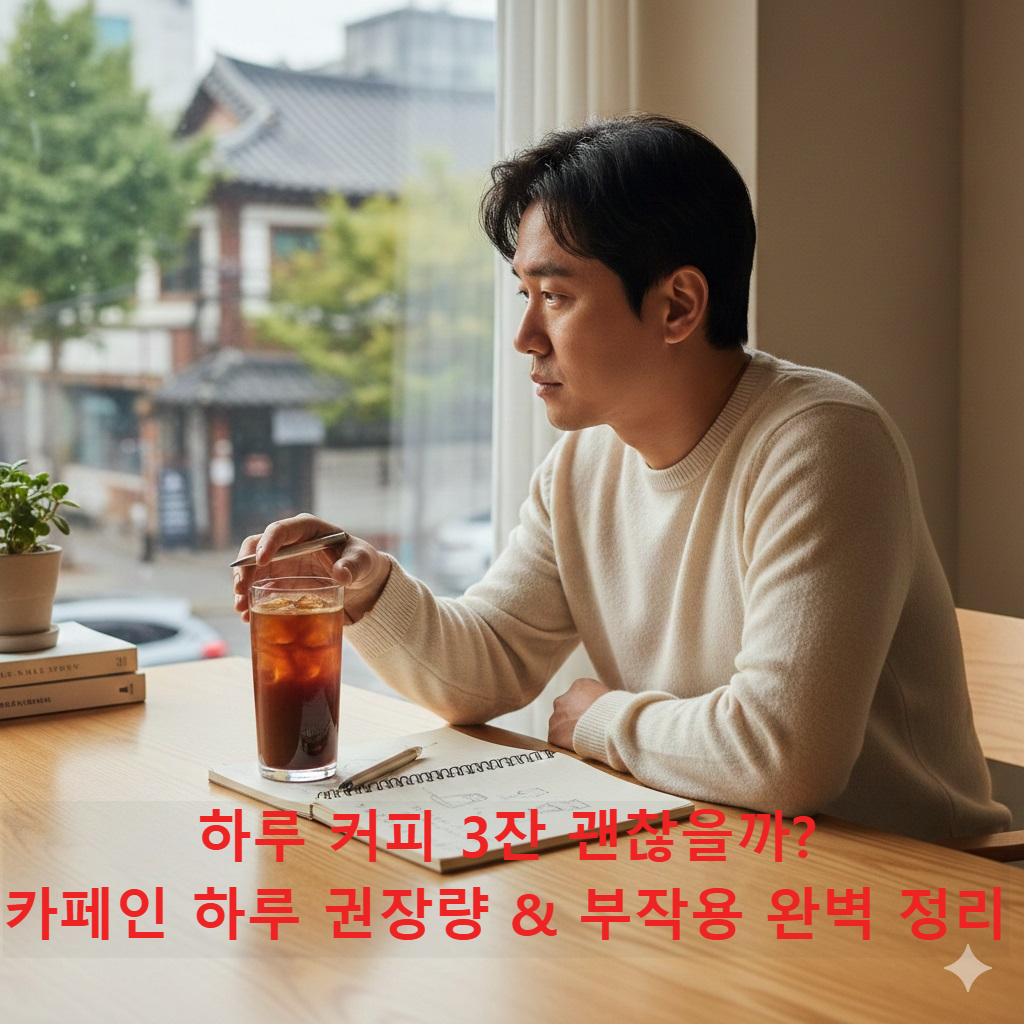 책상 위 아이스 아메리카노를 보며 카페인 권장량을 고민하는 한국인