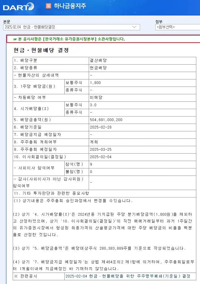 하나금융지주(086790) 2025년 배당