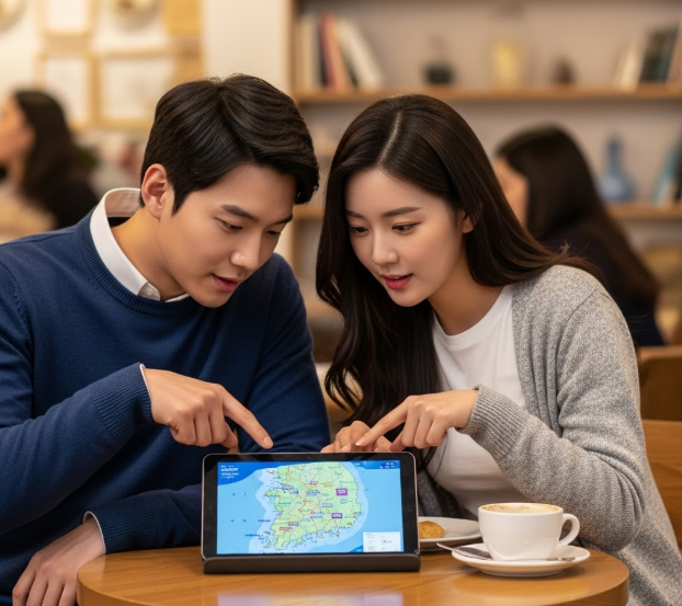 지도를 보며 지방 도시의 혜택을 비교하는 남녀 청년