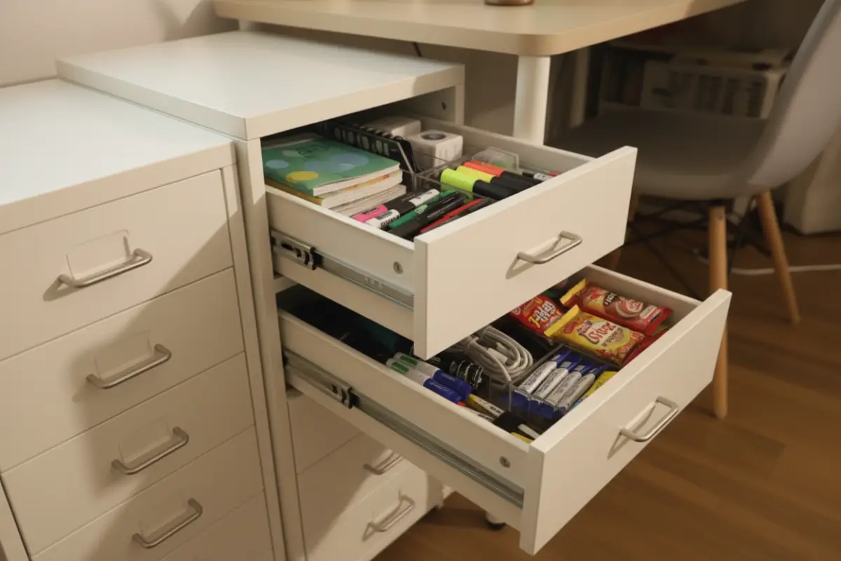 헬메르 서랍장 내부의 높은 6단 수직 수납 효율을 보여주는 클로즈업