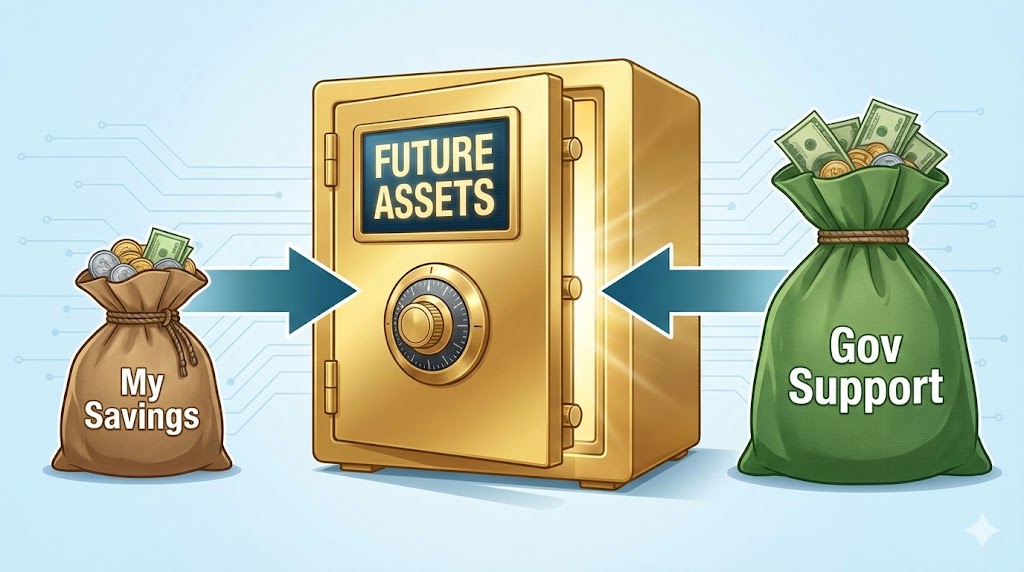 나의 5만원과 정부의 10만원이 합쳐져 큰 돈주머니가 되는 인포그래픽