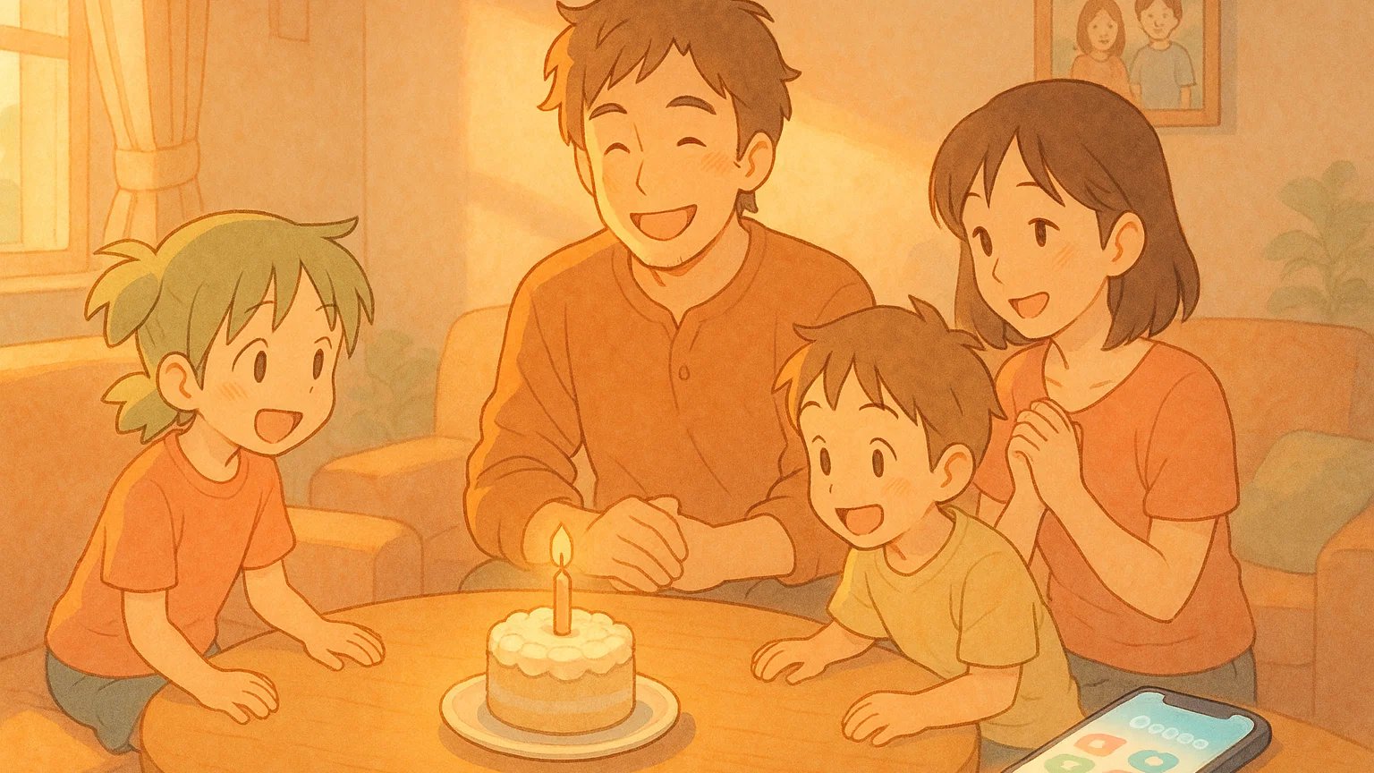 BuBoo 앱 화면과 가족이 함께 기념일을 축하하는 따뜻한 모습