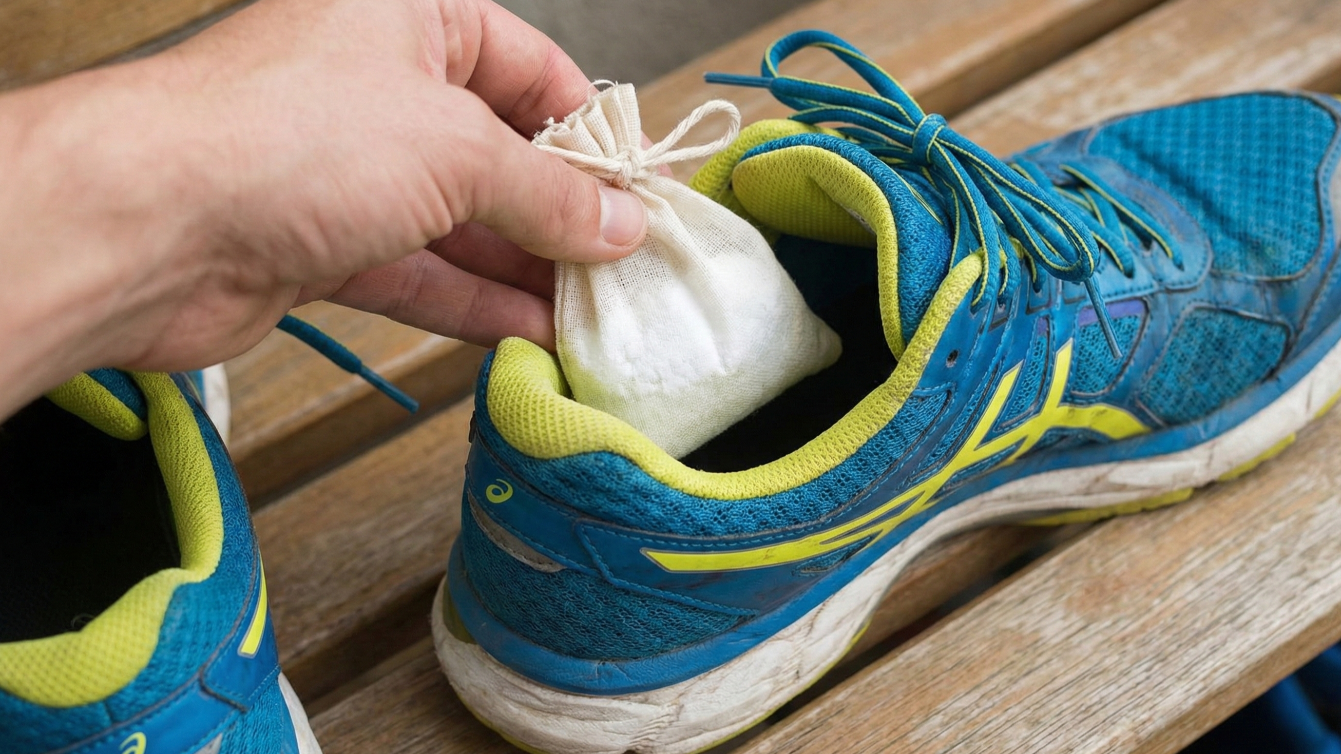 베이킹소다 주머니를 활용해 신발 냄새를 흡착하는 장면