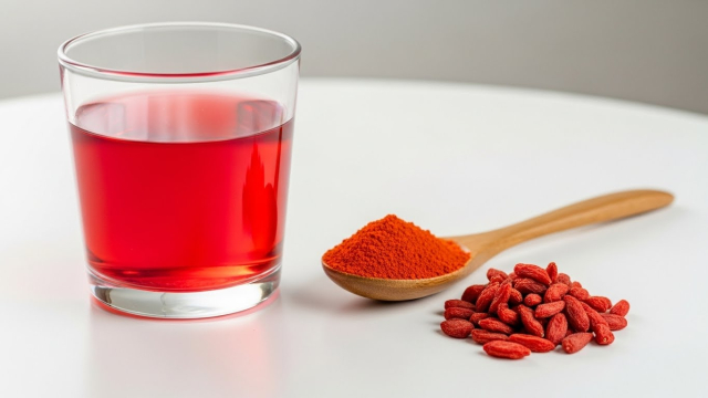유리 컵과 나무 스푼에 담긴 구기자 분말 이미지