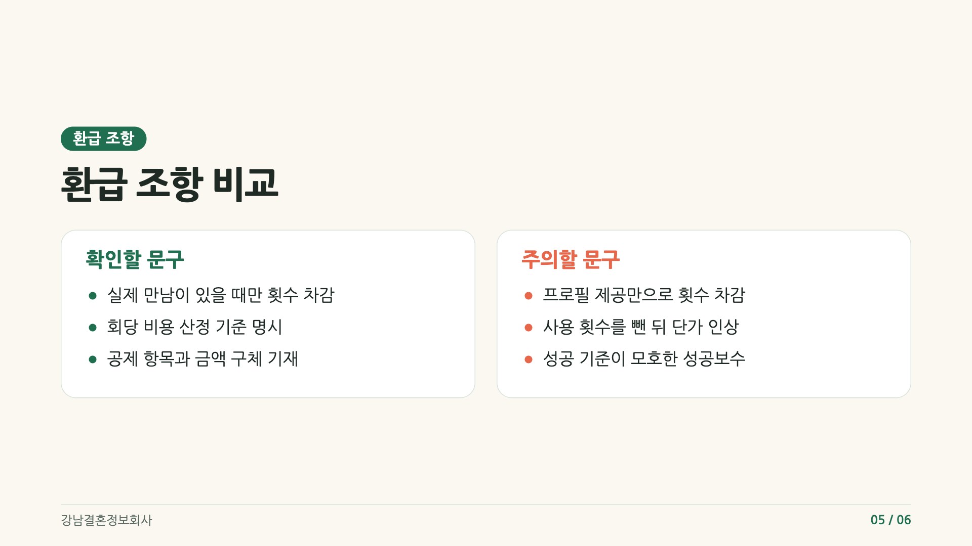 계약서에서 확인할 환급 문구와 주의해야 할 차감 문구를 좌우로 비교한 이미지