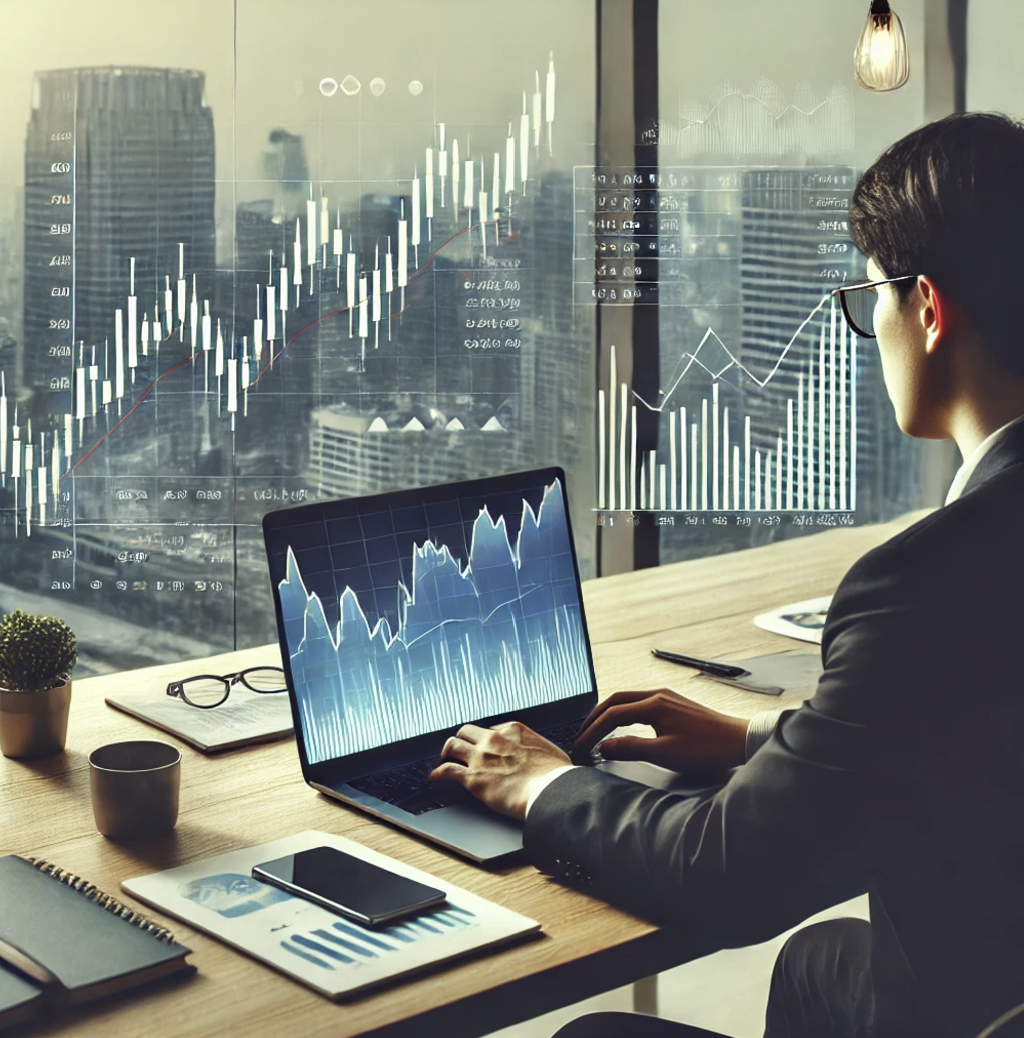 금융전문가가 주식시장 데이터를 분석하는 장면