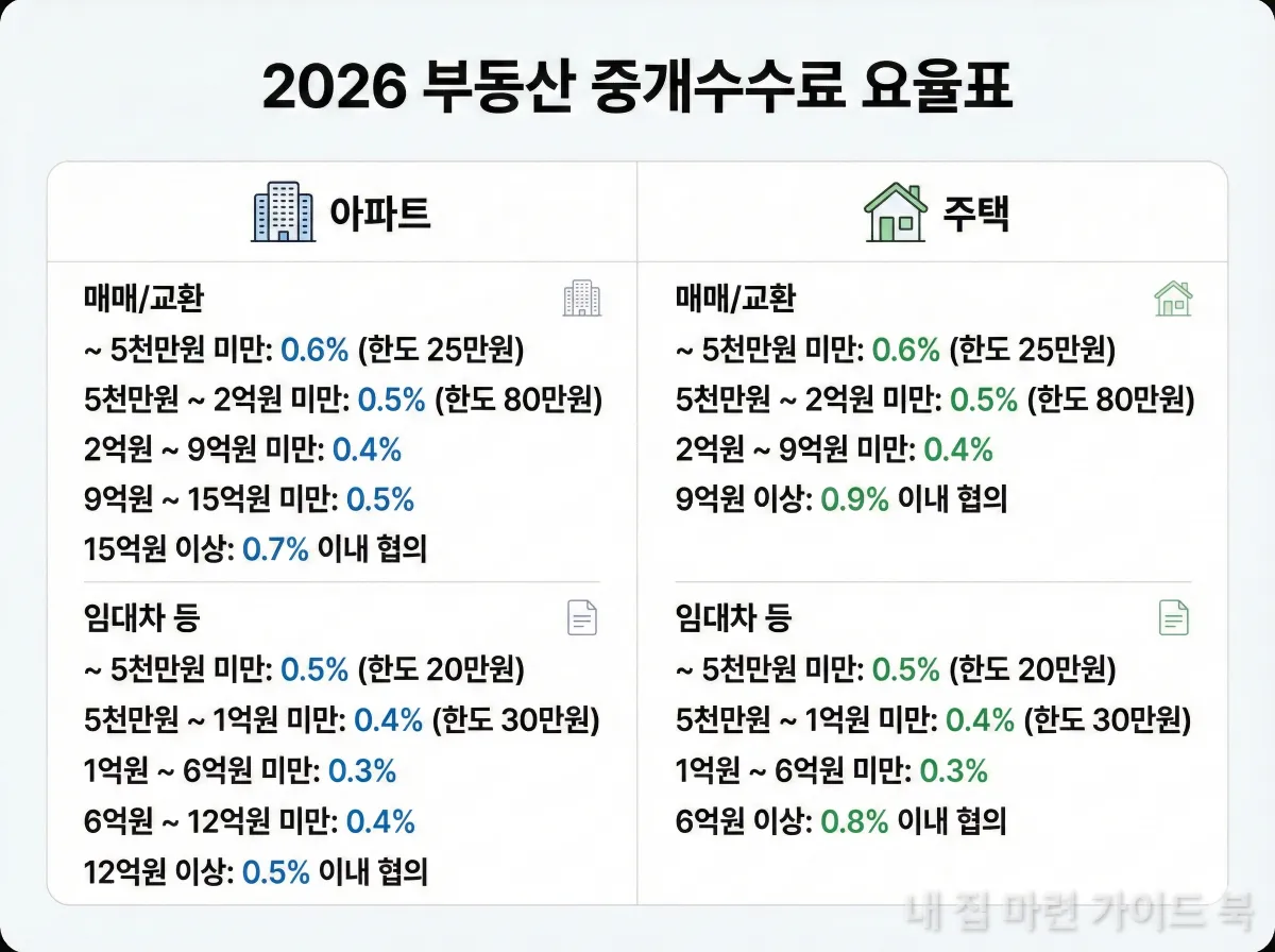2026년 주택 중개보수 요율표를 알기 쉽게 정리한 인포그래픽 이미지
