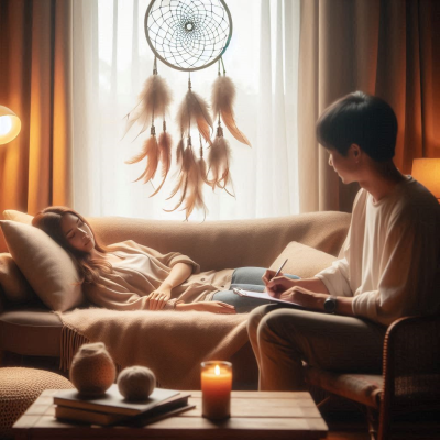 아름다운 꿈의 이미지가 그려진 그림을 배경으로 휴식하는 사람