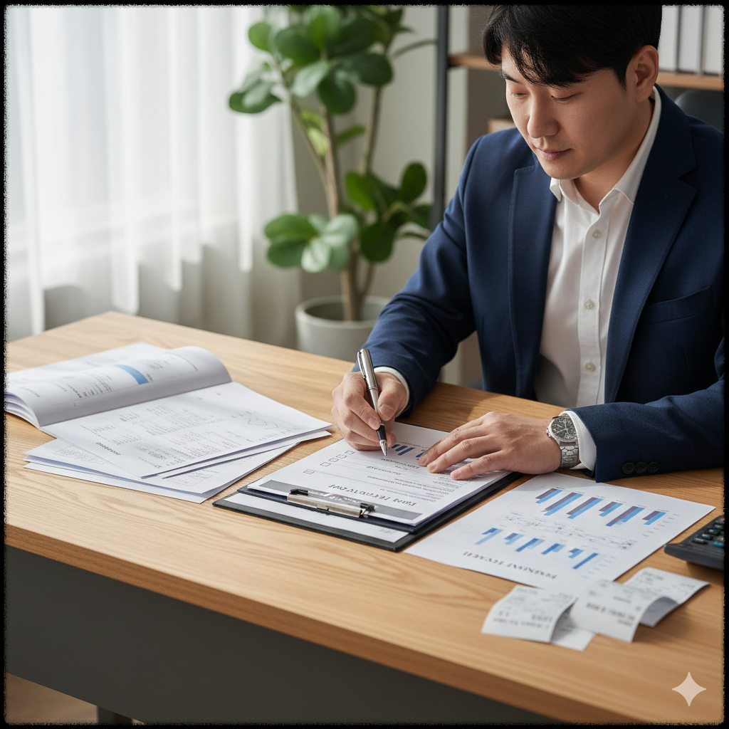 세액공제를 확인하기 위해 서류를 살펴보는 직장인