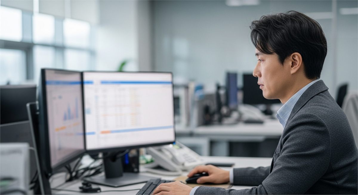 사무실에서 배당 지급 절차를 점검하는 한국인 직원의 모습 