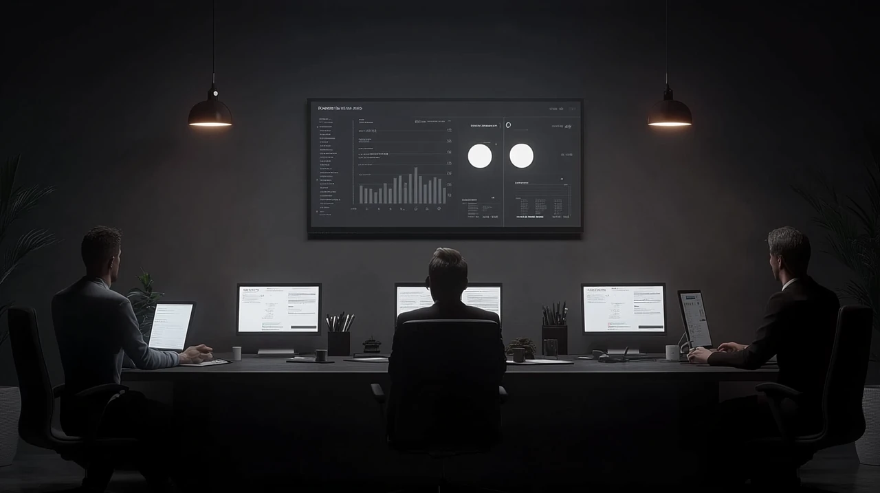 2025년 안정적 수익 전략을 논의하는 투자자들이 현대적인 회의실에서 금융 보고서와 디지털 화면을 보며 협력적인 분위기 속에서 토론하고 있습니다.