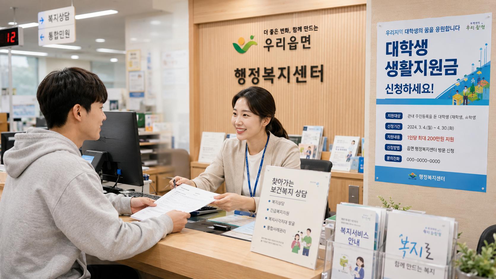 한국 읍면 행정복지센터에서 대학생이 생활지원금 신청 서류를 제출하며 공무원과 상담하는 모습