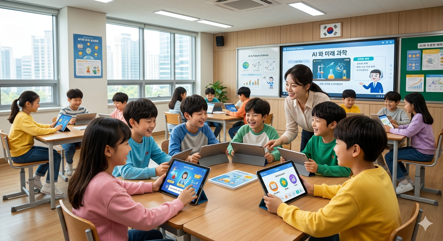 2026년 한국 초등학교 교실에서 AI 디지털 교과서와 태블릿을 사용하여 모둠 활동을 하는 학생들과 선생님의 모습, 활기찬 미래형 교실 풍경