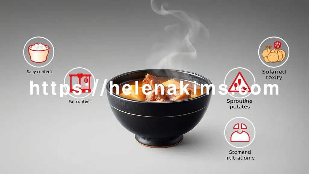 깔끔하고 배경에 김이 서린 감자탕이 놓여 있다, 감자탕 주변으로 '주의'를 의미하는 세련된 아이콘들이 있고, 각 아이콘은 짠맛 주의, 지방 함량, 체중계, 싹 난 감자(솔라닌 독성), 속쓰림 위장(자극 주의) 시각적으로 상징하는 이미지.