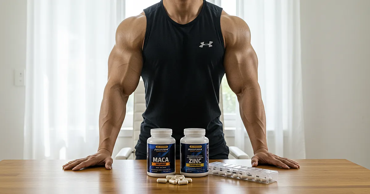 검정색 나시를 입은 근육질 남성이 마카와 아연 영양제를 앞에 두고 정면에 선 장면