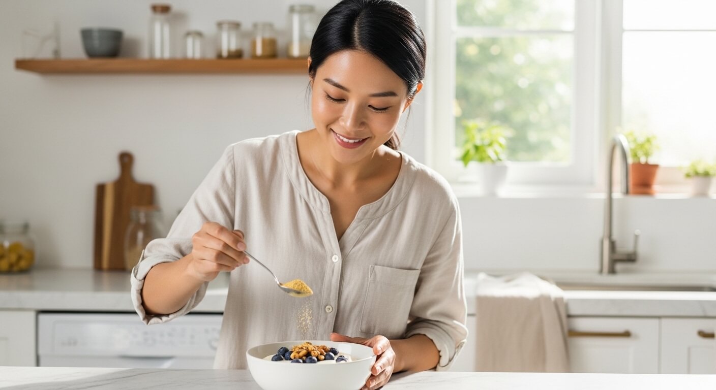 맥주효모를 요거트에 뿌려 먹는 모습, 건강한 영양 보충 방법