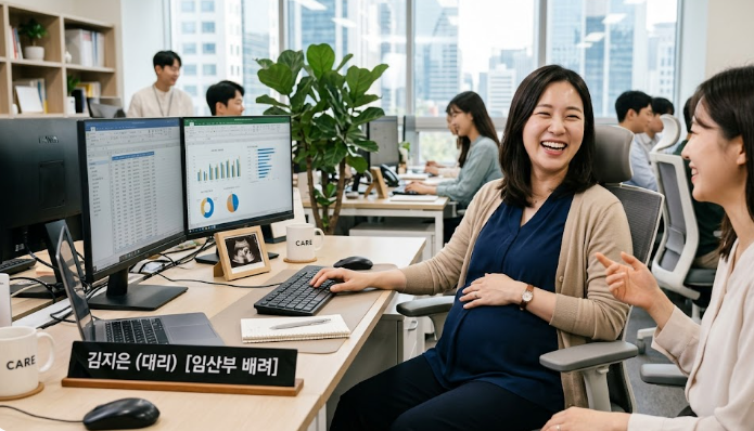 한국인 여성 임산부가 사무실(직장)에서 즐겁게 근무하고 있는 이미지