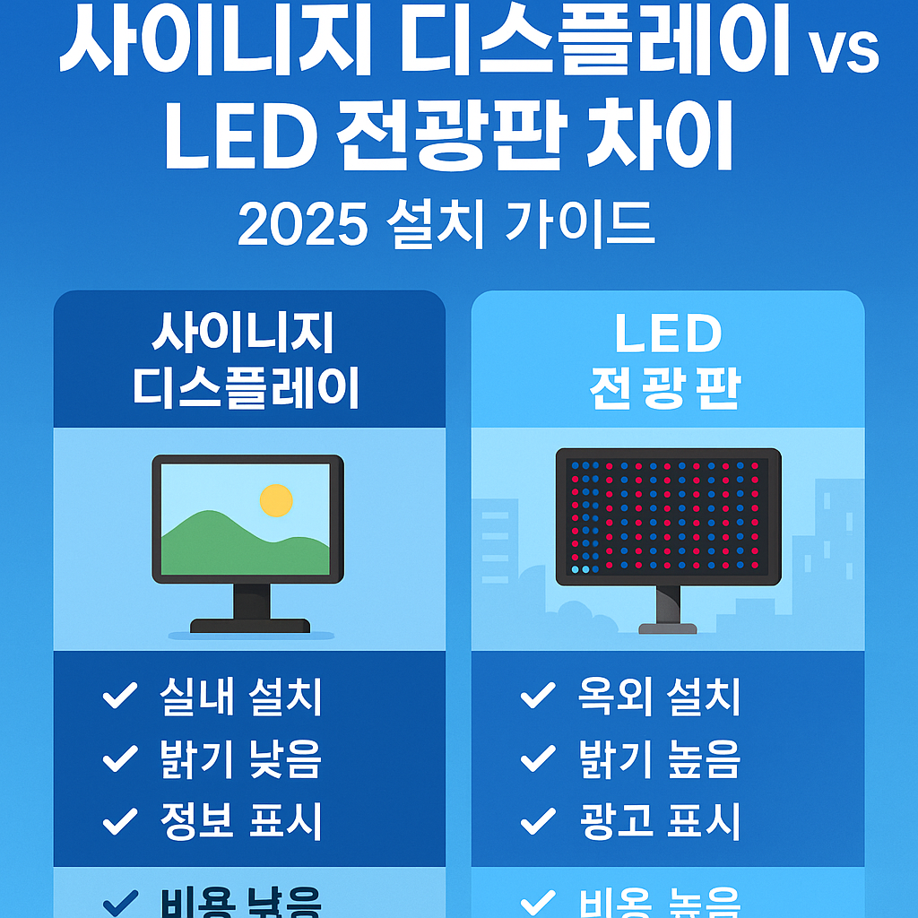 사이니지 디스플레이 vs LED 전광판 차이를 한눈에 비교한 2025 설치 가이드 인포그래픽, 실내용과 옥외용 디스플레이 특징 정리