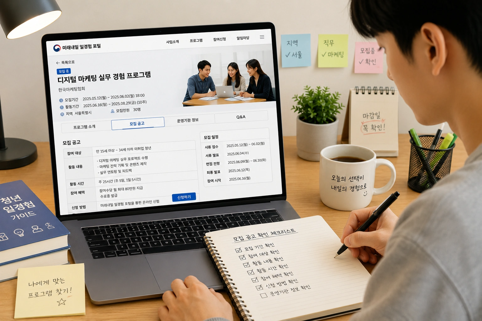 청년이 미래내일 일경험 포털에서 모집 공고를 확인하며 신청 조건과 일정을 메모하는 모습
