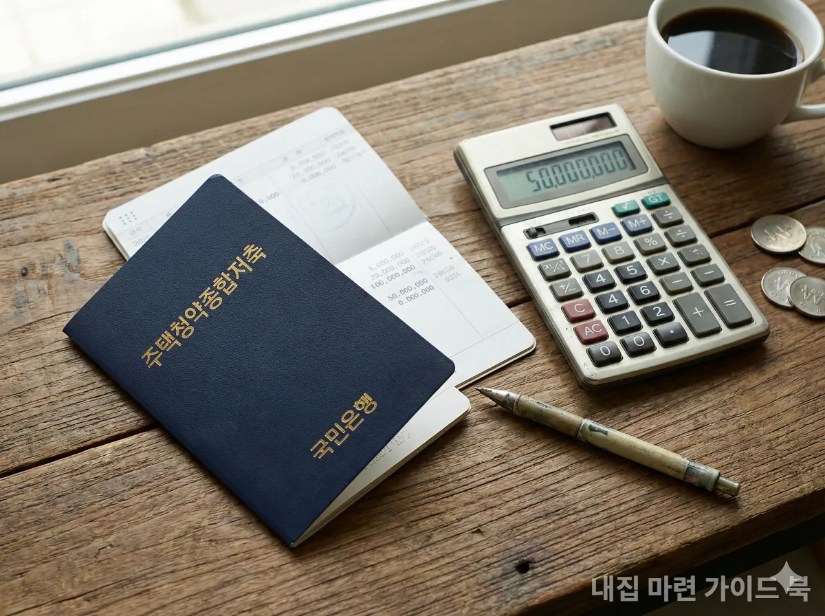 한국 주택청약종합저축 통장과 계산기가 놓인 책상