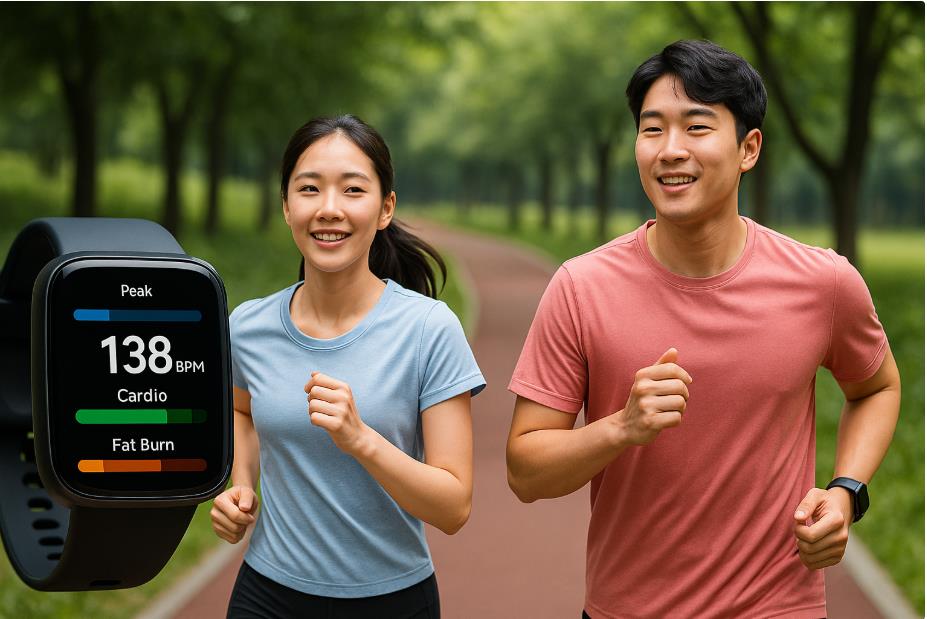 공원에서 달리는 남녀, 스마트워치로 심박수 138BPM 확인