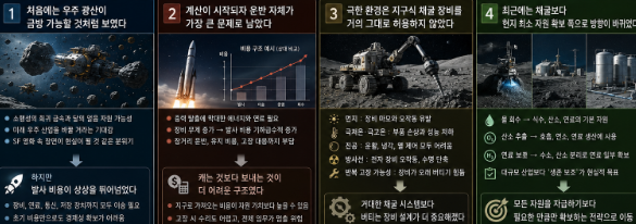 소행성 채굴 장비와 달 얼음 추출 기지, 발사 비용 계산 화면으로 우주 자원 현실성 충돌 보여주는 이미지