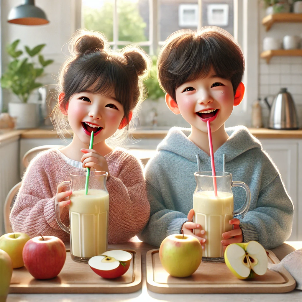 밝은 주방에서 사과 스무디를 마시는 한국 어린이, 행복한 표정, 빨대 사용, 신선한 사과와 우드 트레이, 햇살 가득한 창가 배경