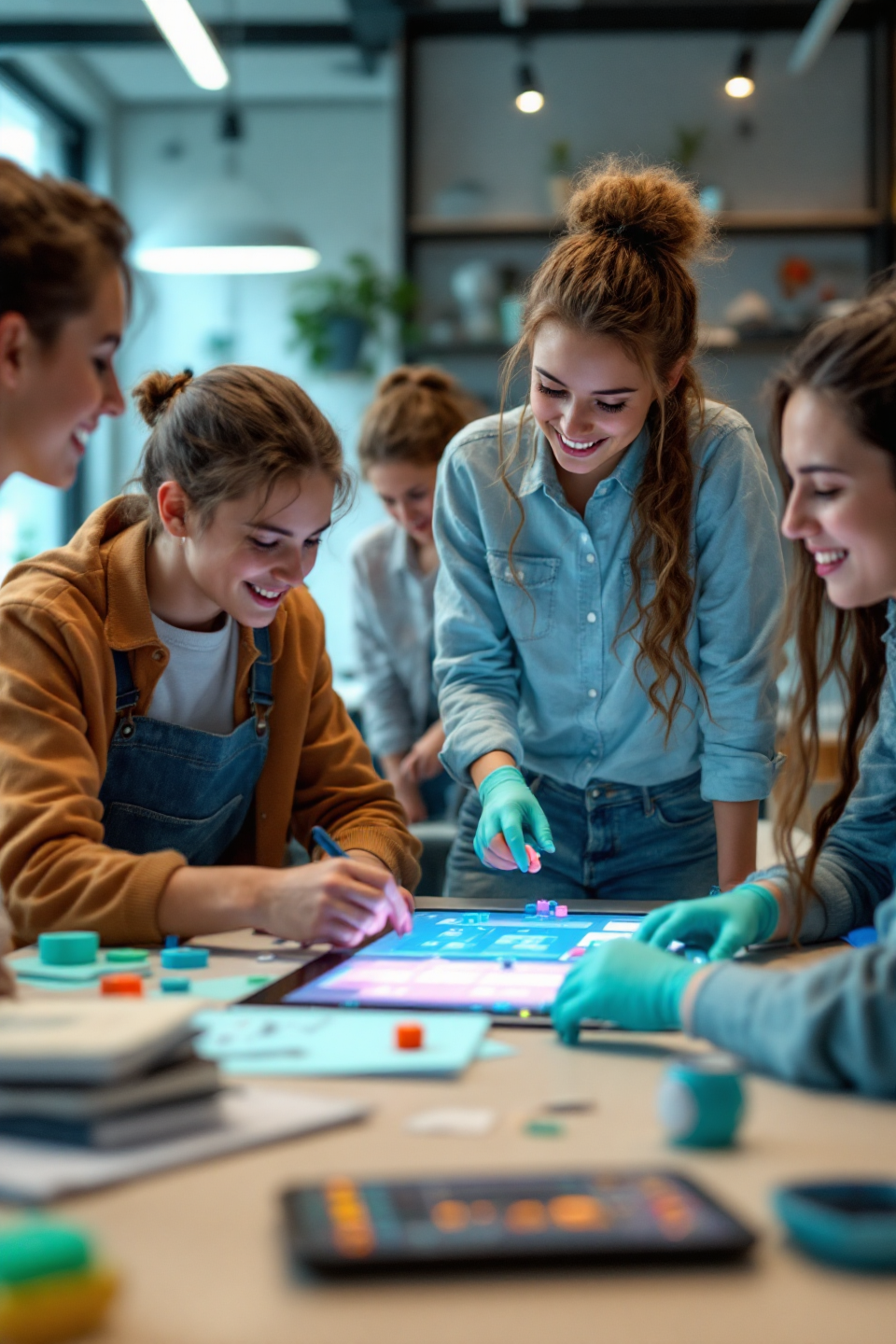 4명의 MZ 여대생들이 함께 연구 테이블 위에서 터치 스크린을 사용해서 실습을 하고 있는 이미지