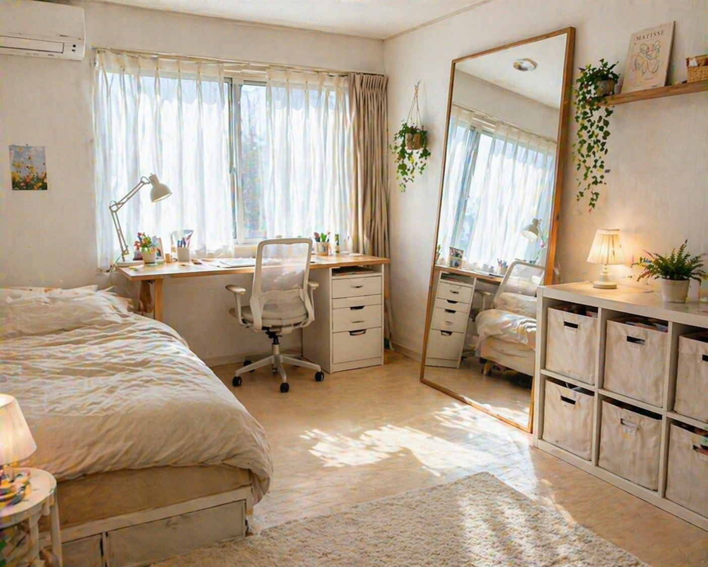 자취방에 전구색 스탠드 조명을 추가해 더 깔끔하고 아늑해 보이게 만든 원룸 모습