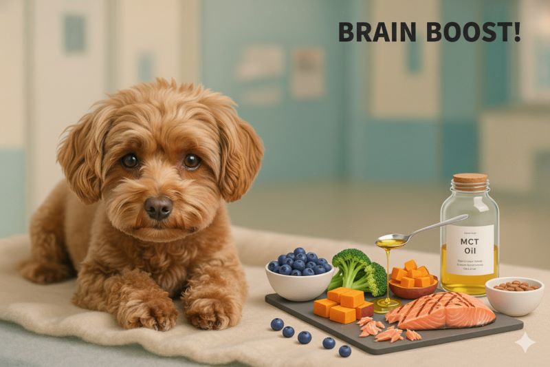 뇌 건강에 좋은 슈퍼푸드(블루베리,브로콜리,연어,MCT오일,단호박 등)와 갈색푸들 노령견이 함께 있는 이미지