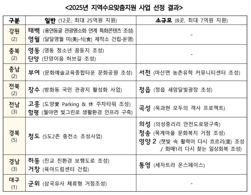지역수요 맞춤지원 지역 20곳