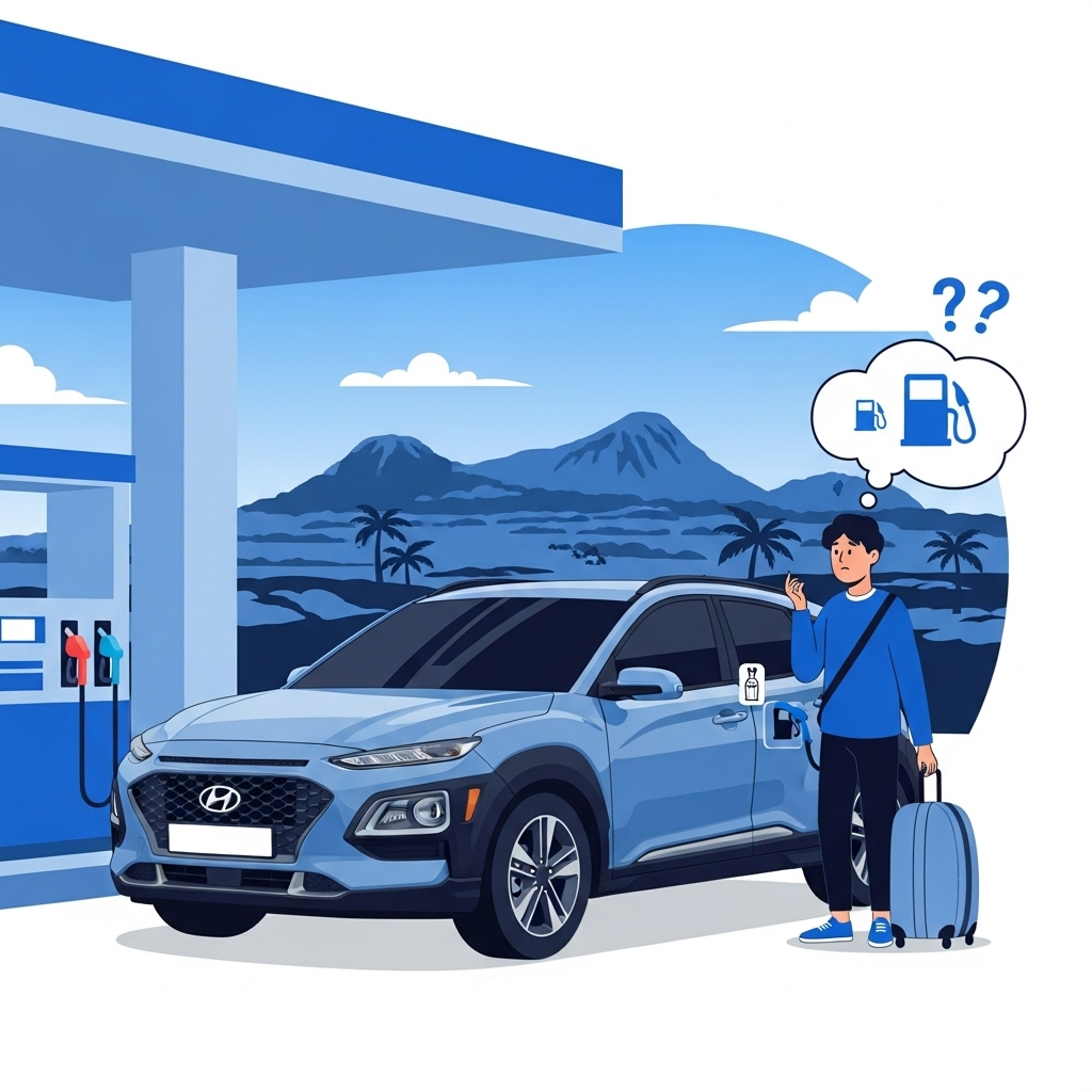 제주도 렌트카 주유소에서 연료 게이지를 보며 혼란스러워하는 여행객. 제주도의 아름다운 풍경과 렌트카가 어우러진 모습.