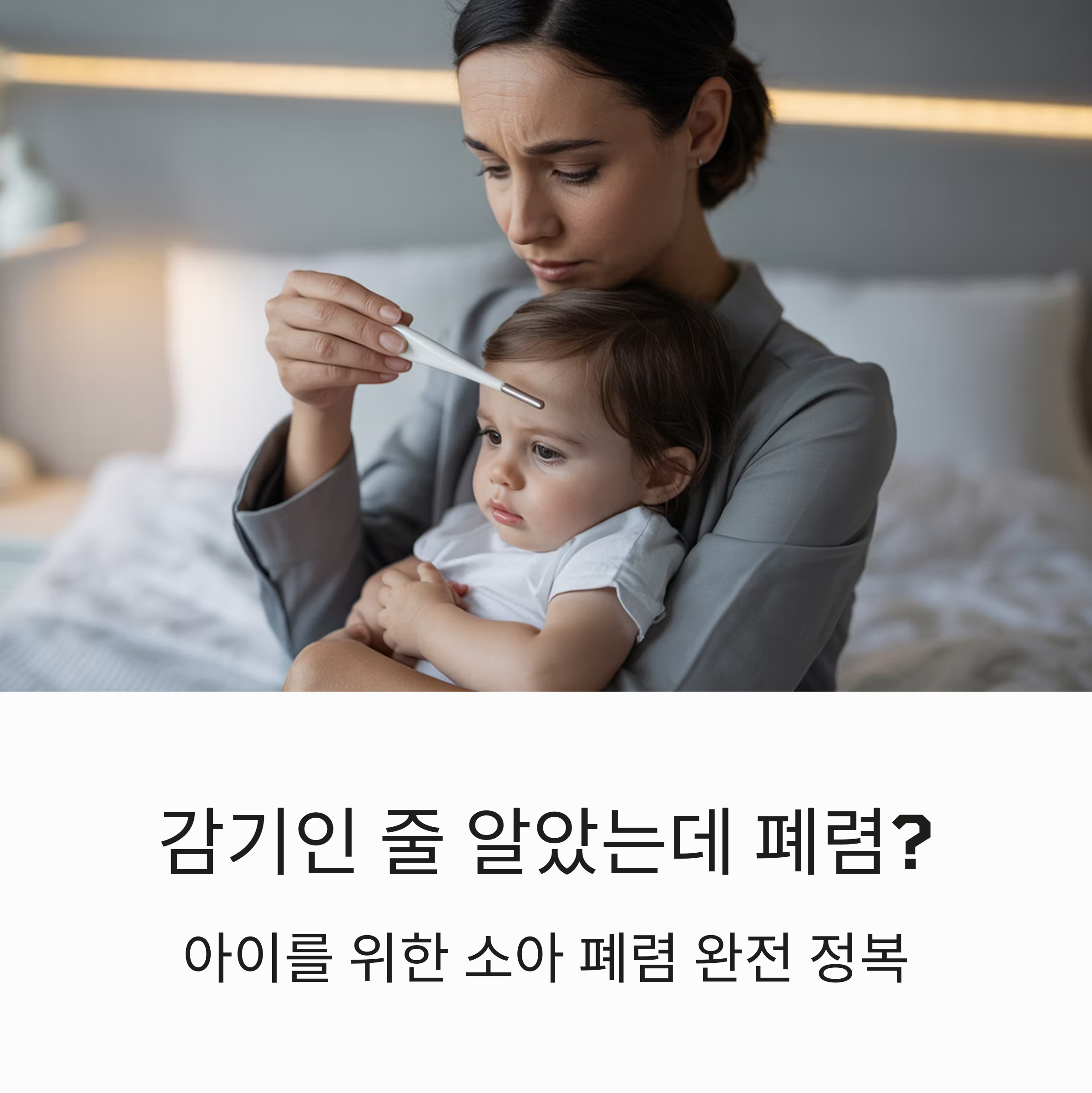 고열이 있는 아이의 체온을 재며 걱정하는 엄마의 모습과 &lsquo;감기인 줄 알았는데 폐렴?&rsquo;이라는 문구가 포함된 이미지
