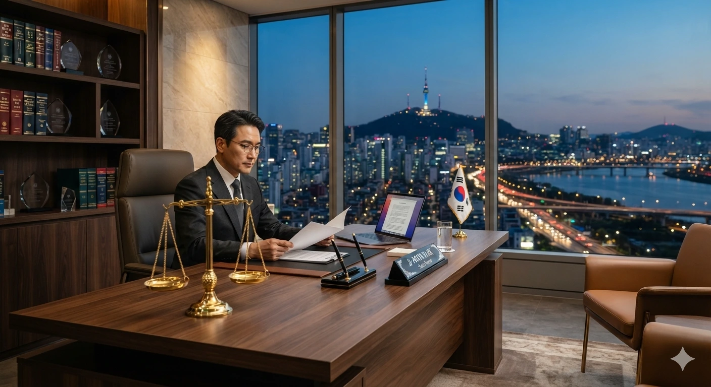 정갈하게 정돈된 고급 법률 사무소 책상 위에 놓인 정의의 저울과 창밖으로 보이는 도시의 차분한 저녁 풍경