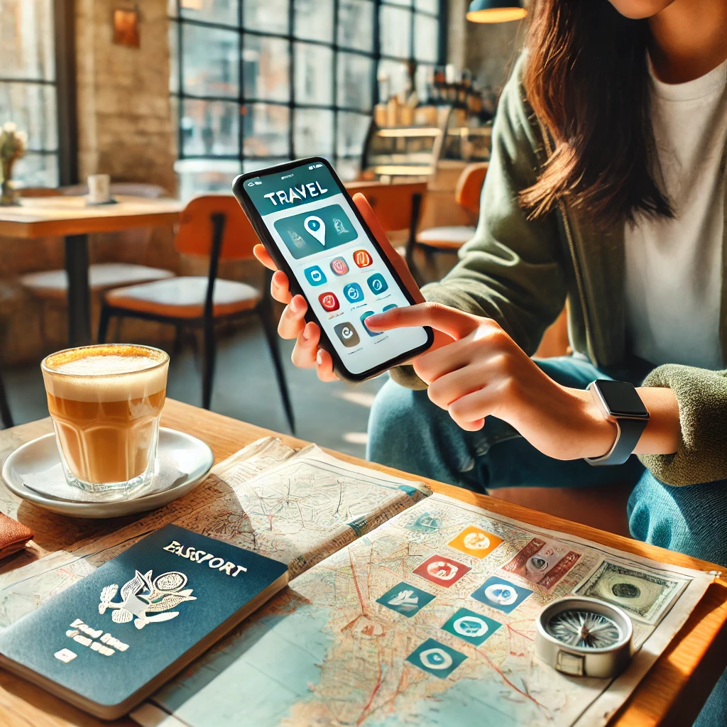 스마트폰과 여행 필수 앱을 사용하는 모습