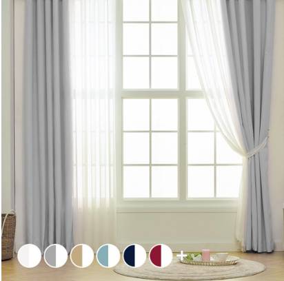 아일렛형 긴창 솔리드 암막커튼 2p + 소프트 쉬폰커튼 2p + 끈 2p 세트
