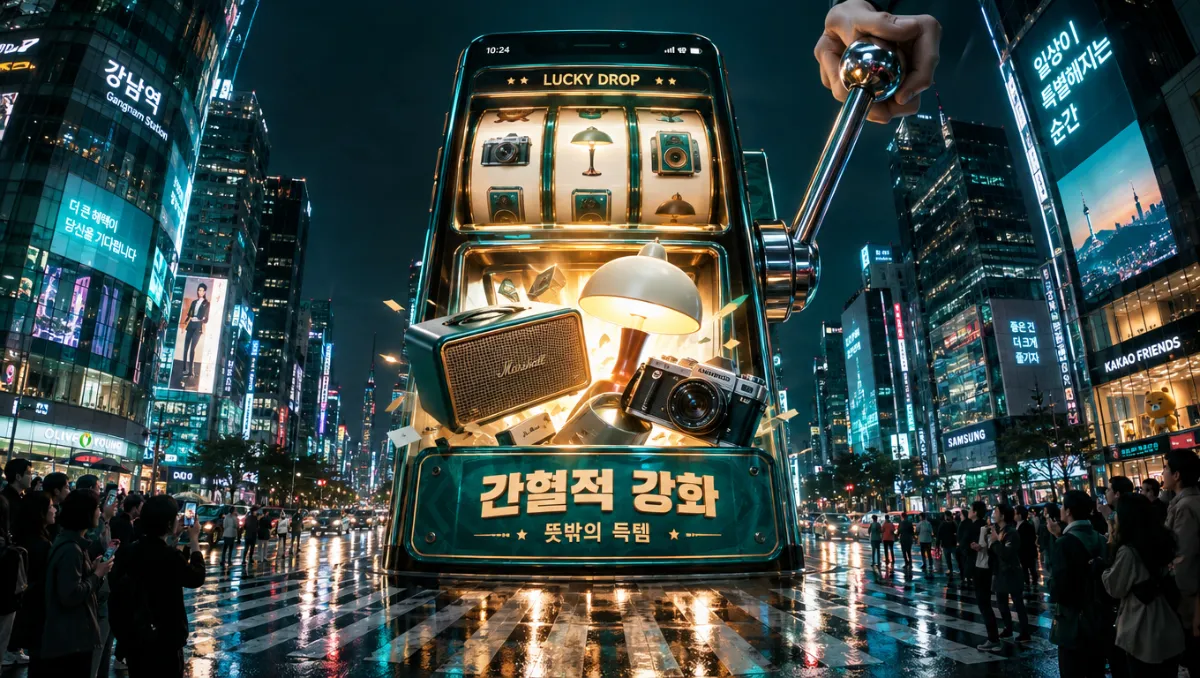 밤의 교차로에 세워진 거대한 슬롯머신형 스마트폰과 레버를 당기는 손, 튀어나온 중고 물건들
