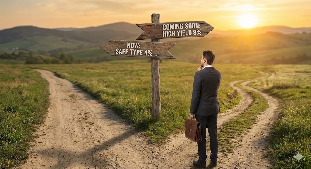 갈림길 앞에 선 투자자. 한쪽은 '안전형(4%, 현재)', 다른 쪽은 '고수익형(8%, 출시예정)' 표지판이 있는 모습